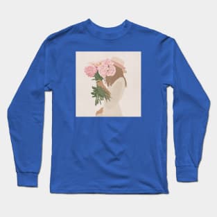 Girl in hat with flowers peonies Long Sleeve T-Shirt